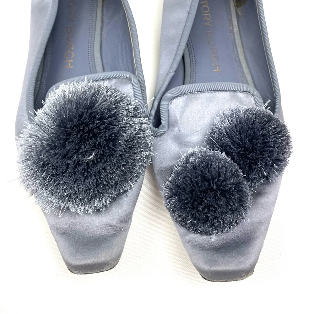 Tory Burch Slate Gray Satin Pom-Pom Loafers